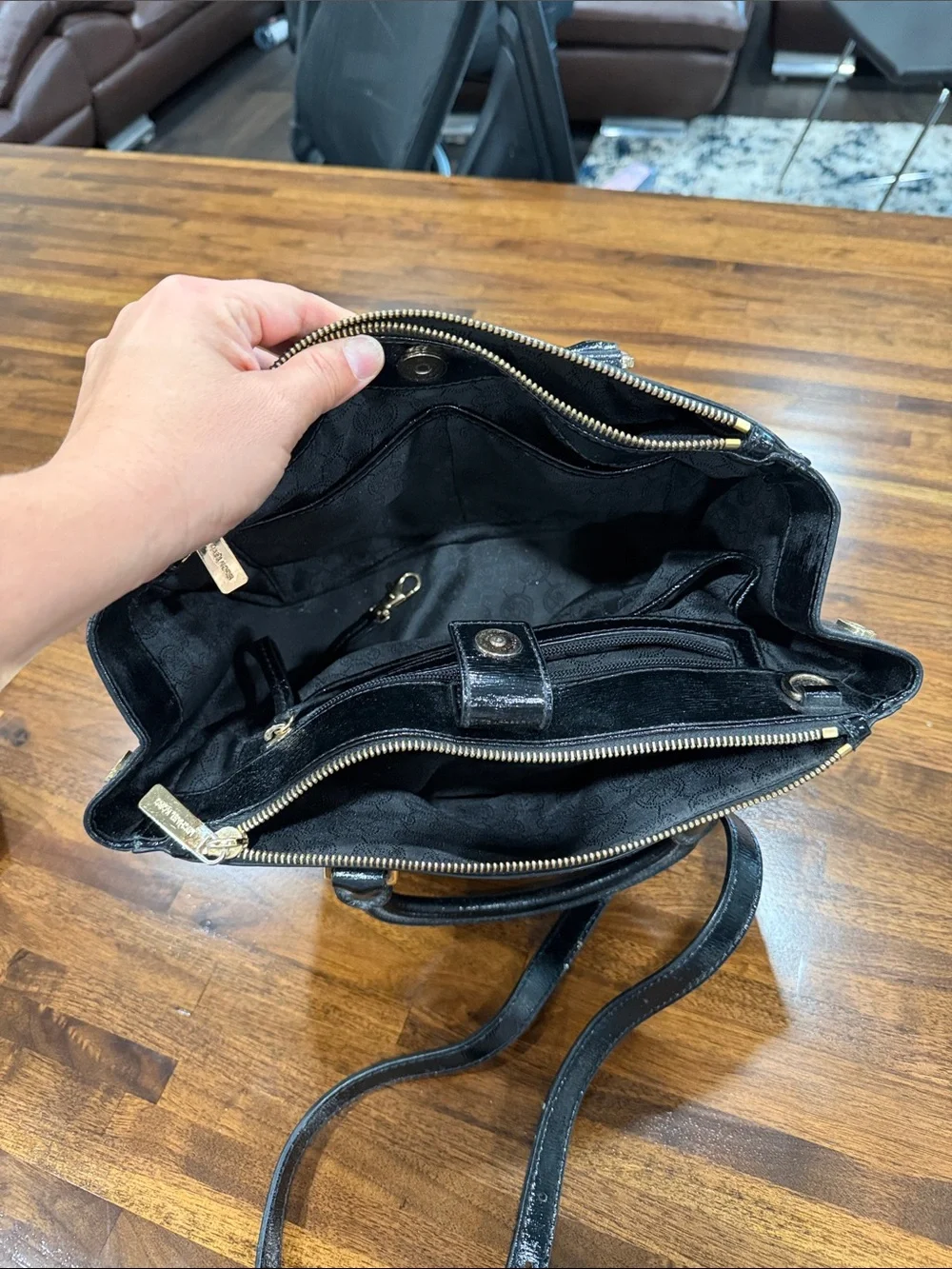Michael Kors Black Patent Leather Satchel with Gold Hardware